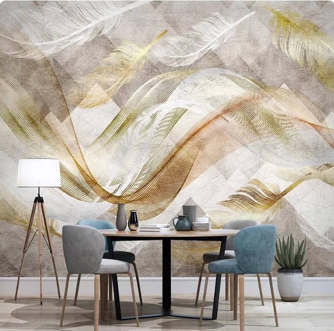 Papier peint mural 3D lignes dorées et plumes 400x280 cm pour salon