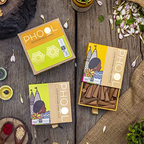 Pack Of 2 Natural Incense Cones,Phool Devotion Pack(80 Organic Cones |2 Fragrances:tulsi & Jasmine)+1 Free Ceramic Holder | Handrolled | Sulpher And Charcoal Free |100% Organic & Natural(500 Gms) #TOP4