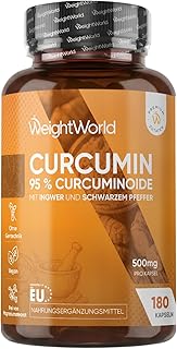 Curcumin Kapseln - 500 mg (50:1) Kurkuma Extrakt, entspricht 25.000 mg Kurkuma - 6 Monate Vorrat - 180 Kapseln - Kurkumin 95% mit Schwarzer Pfeffer & Ingwer - 1 Kapsel pro Tag - WeightWorld