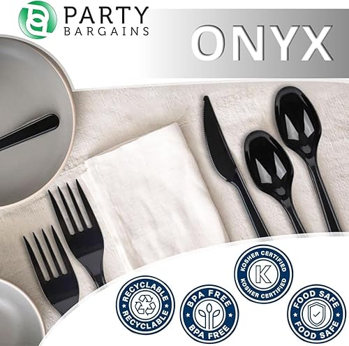 Miniatura 4 de Party Bargains Juego de cubiertos desechables, diseño de ónix, 360 piezas 180 tenedores, 120 cucharas, 60 cuchillos