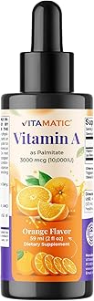 Vitamatic Sugar Free Vitamin A Liquid Drops 10000 IU (3000 mcg) as Retinyl Palmitate - Approximate 4 Months Supply - Immune Support, Eye Health, Skin Health - 2 FL OZ (59 ml)