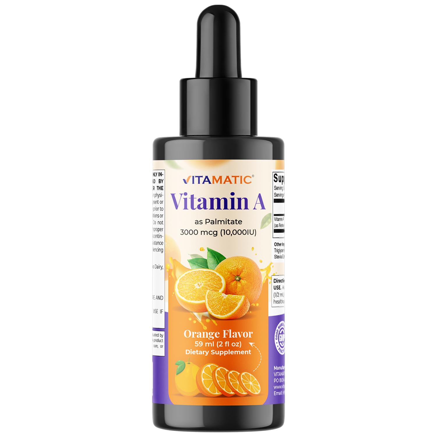Vitamatic Sugar Free Vitamin A Liquid Drops 10000 IU (3000 mcg) as Retinyl Palmitate - Approximate 4 Months Supply - Immune Support, Eye Health, Skin Health - 2 FL OZ (59 ml)