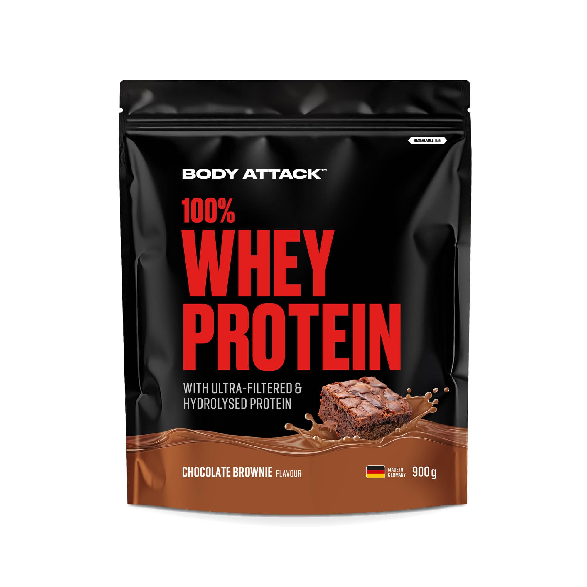 Body Attack 100% whey protéine, protéines musculation-protein powder crémeuse avec hydrolysat et BCAA, prise de masse et régimes, pour athlètes et sportifs-Fabriqué en Allemagne-900g Brownie au choc.