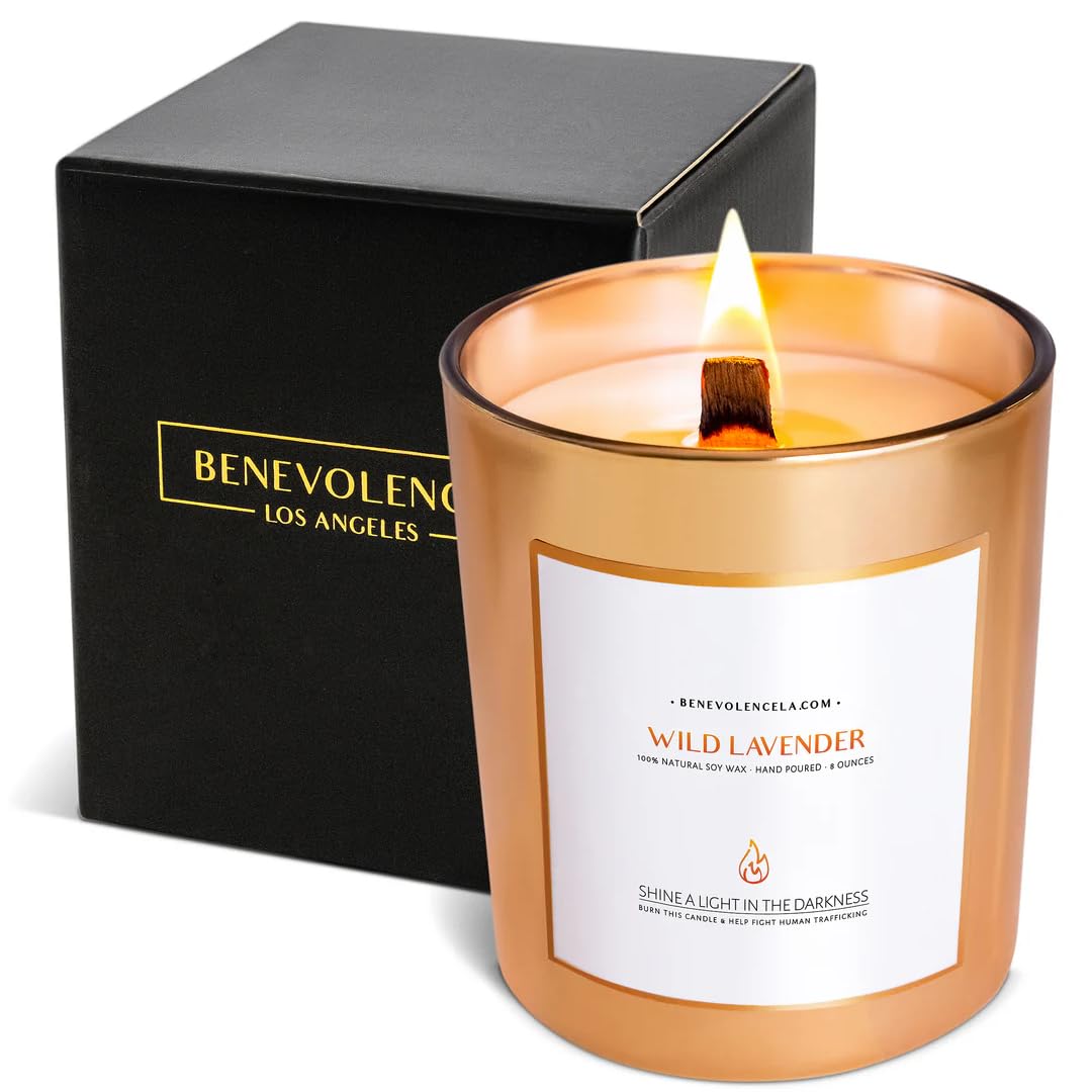Benevolence LA Wild Lavender Wood Wick Candles | Soy Scented Candles for Home | Gifts for Women and Men | Home Fragrance | Aromatherapy | Shelf Decor, Bathroom Freshener | 45 Hour Burn, 227g [Energy Class A++]