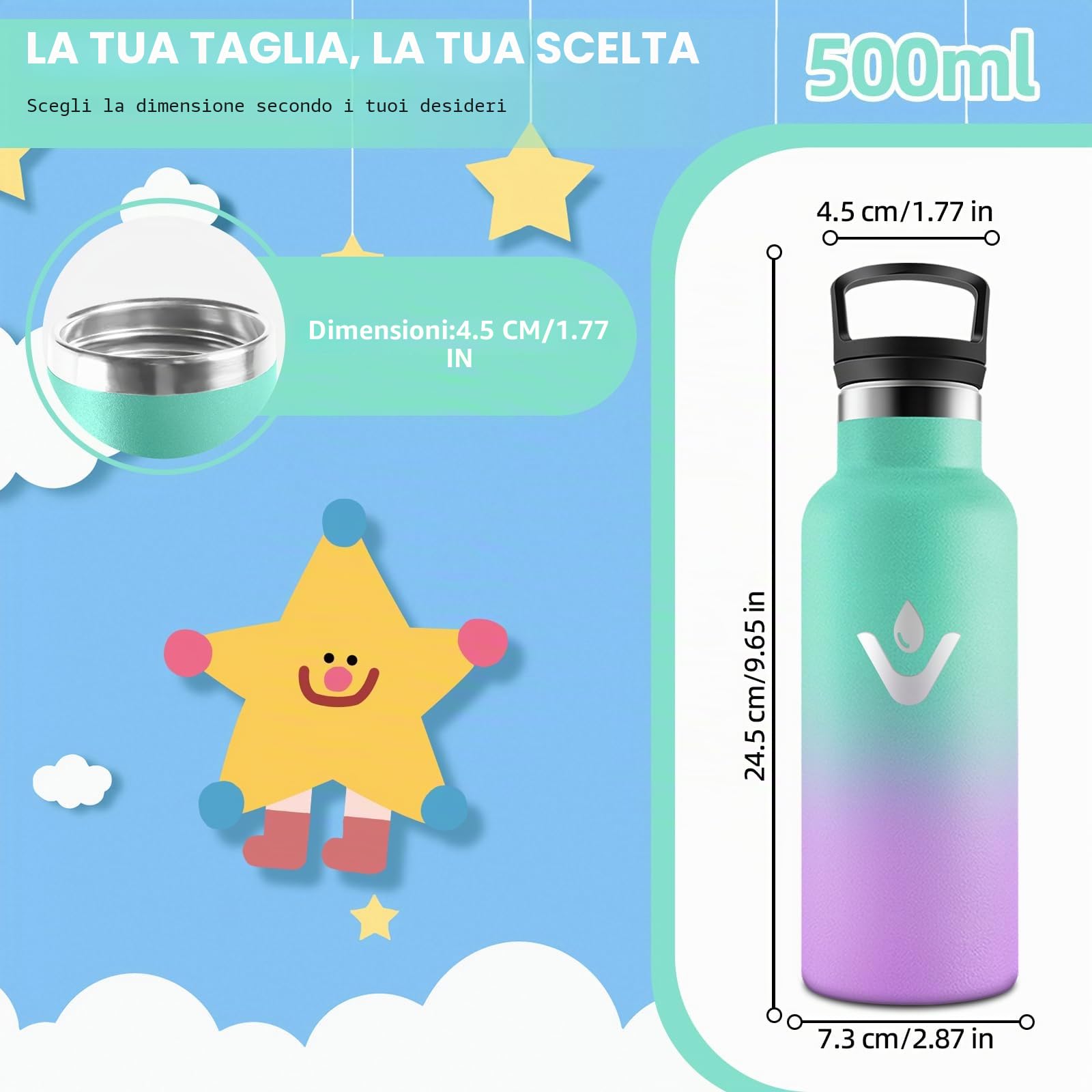 Motswedi Borraccia Termica Bambini, 500ml Con 2 Tappi, Borraccia con Cannuccia, Doppia Parete, Bottiglia Termica, A Prova di Perdite, Bottiglia acqua Per Scuola, Campeggio, Palestra, Verde-Viola