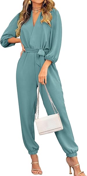 PRETTYGARDEN Women's Fall Jumpsuits Dressy Casual Pants Romper Spring Long Sleeve V Neck Belt Pockets One Piece Outfits