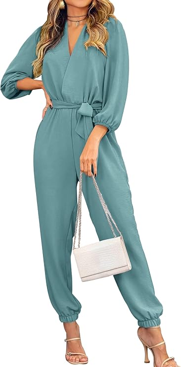 PRETTYGARDEN Women's Fall Jumpsuits Dressy Casual Pants Romper Spring Long Sleeve V Neck Belt Pockets One Piece Outfits
