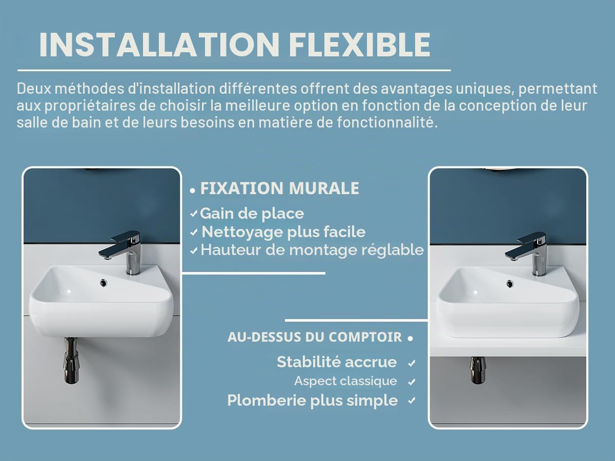 MEJE Ensemble lavabo mural de 45,7 cm, petit lavabo de vestiaire, lavabo de salle de bain en céramique blanche – Ensemble d'évier pour droitier (robinet et bonde pop-up)