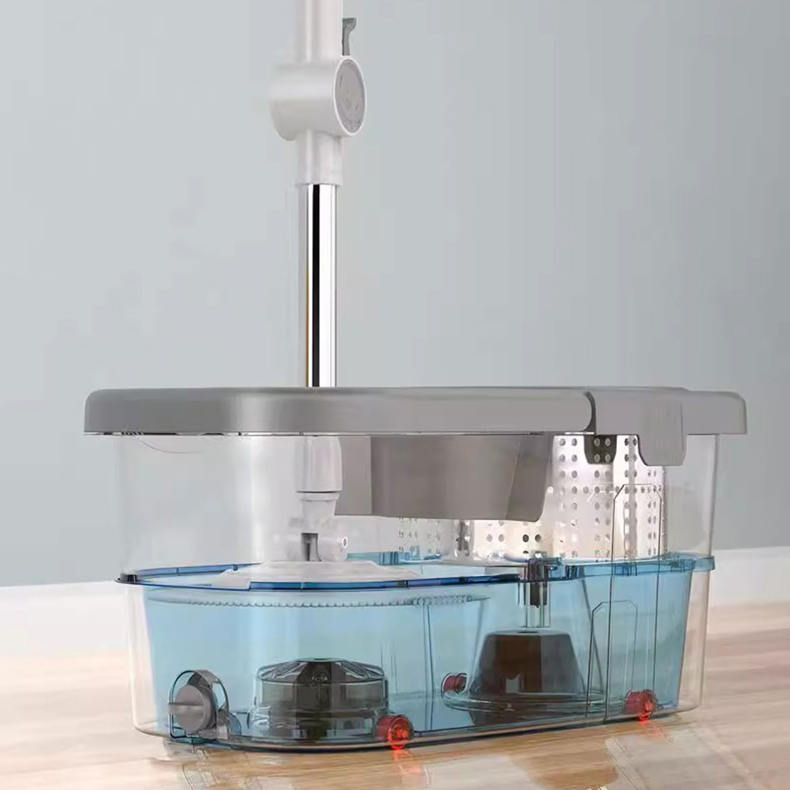 Juego de fregona giratoria y Cubo con escurridor, Cabezal de fregona Giratorio de 360° con 5 recambios de fregona de Microfibra y Mango de Acero Inoxidable,Gris