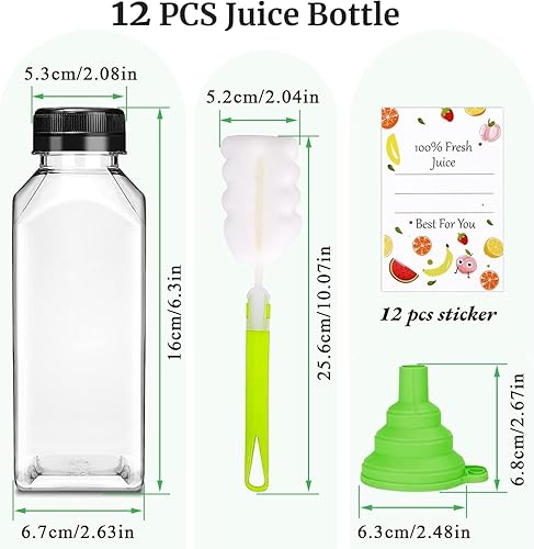 Miniatura 2 de Botellas de plástico para jugo con tapas, 12 unidades, recipientes reutilizables de 12 onzas con tapas a prueba de manipulaciones, botellas de jugo