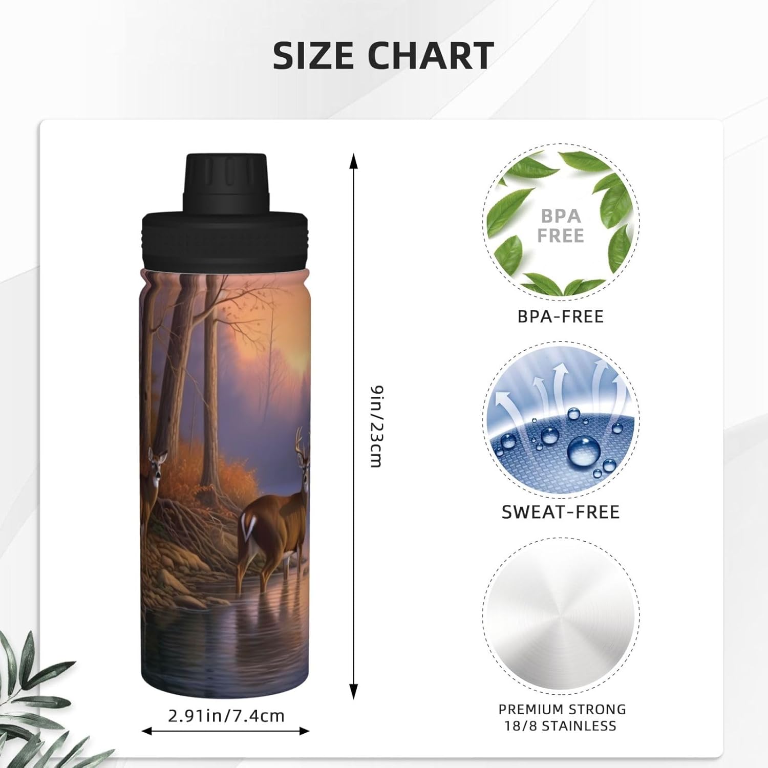 Animal Deer in Autumn Sports Water Bottle 18 Oz, Lake Trees Insulated Stainless Steel Water Jug Fitness, Sport Flask for Outdoor Traveling Hiking