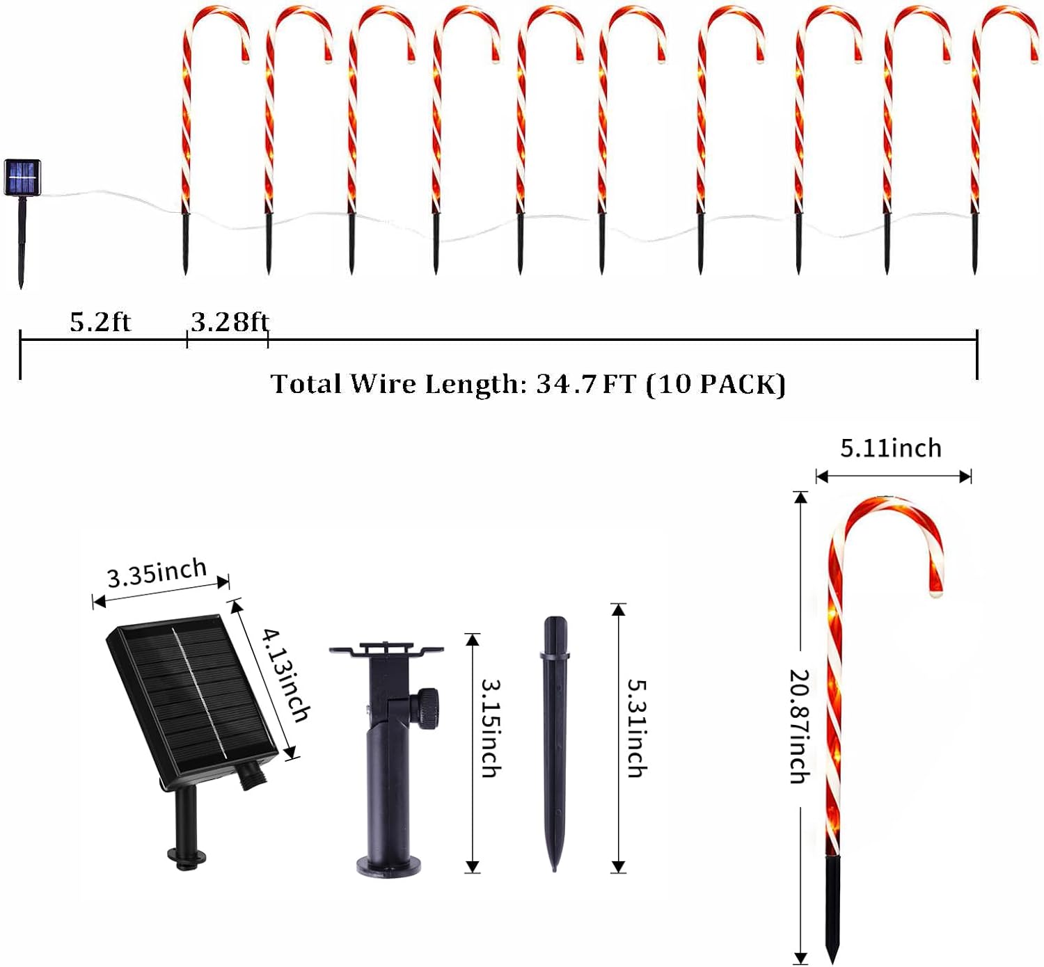 Christmas Decorations Outdoor, 10 Pcs Candy Cane Lights, 21'' Solar Pathway Lights with 8 Lighting Modes, Waterproof Garden Lights for Christmas Patio Yard Walkway Decorations