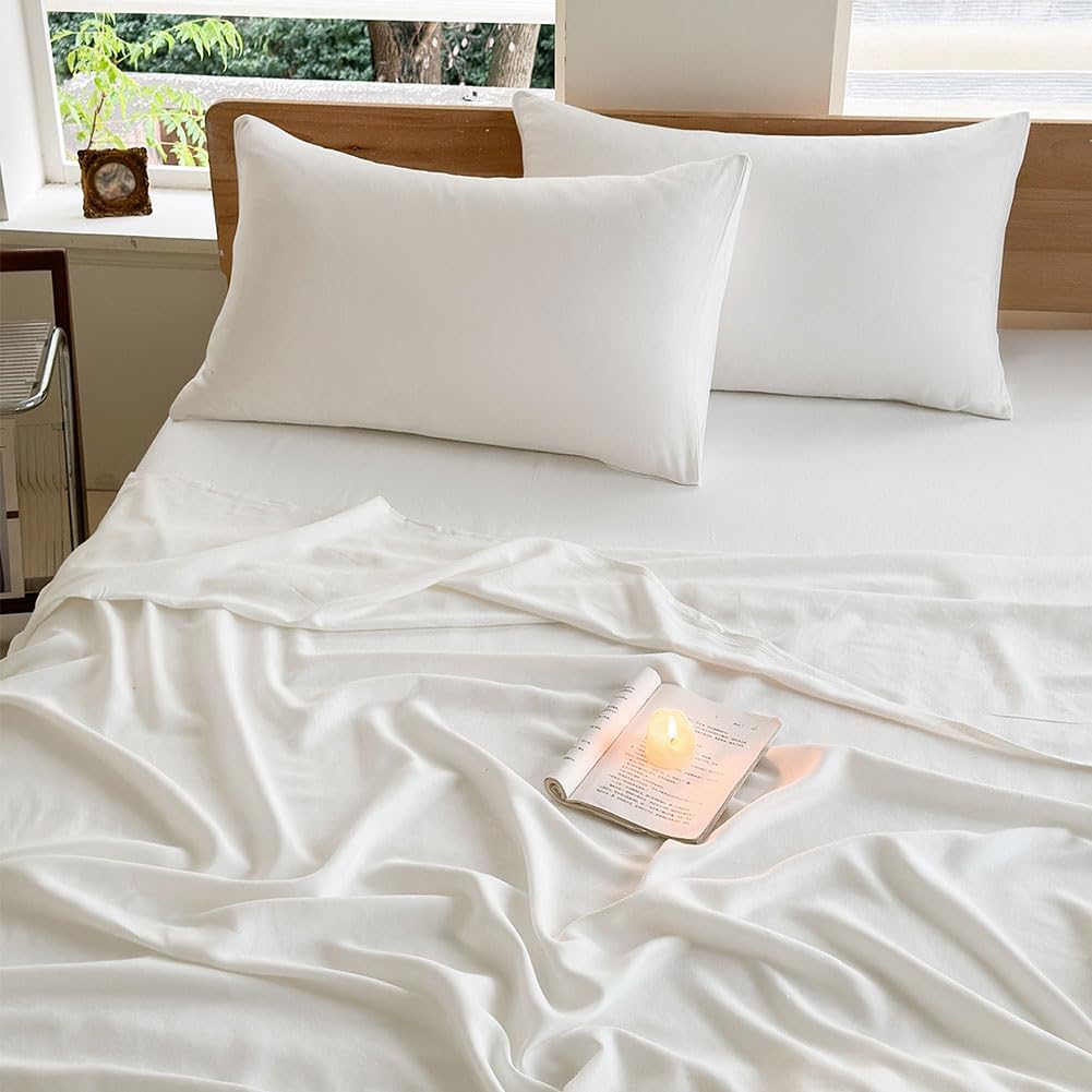 NSNLGSGC 100% French Linen Sheets King Size, 4 Piece Pure Linen Bed Sheet Set, Breathable, Cooling & Durable, Soft Washed Natural Flax Bedding with 16 Inch Deep Pocket, All Season Use(King, White)