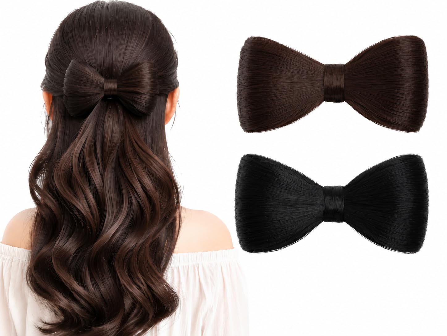 TOTAL HOME Bow Clips for Hair Pack of 2 - Black & Brown Hair Bow Ties for Women | Real Hair Look Big Bow Hairpin | Juda Bun Hair Accessories for Girls | Seamless Barrette Clip for Ponytail & Half Up-image-22
