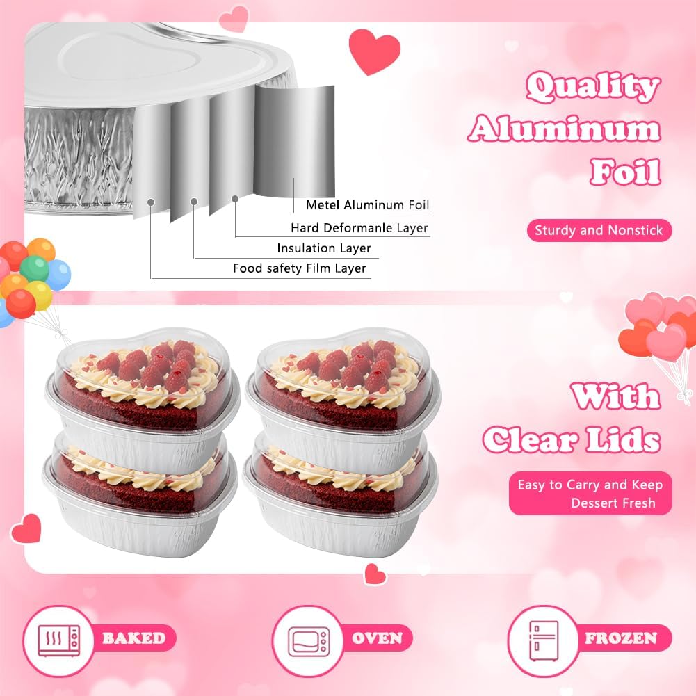 48PCS 27oz Heart Shaped Foil Pans Cake Pan with Lids 800ML 7.4'' Heart Pan Large Baking Cups Dessert Box Food Containers Aluminum Foil Cake Pans Packing Takeaway Boxes for Mothers day Wedding