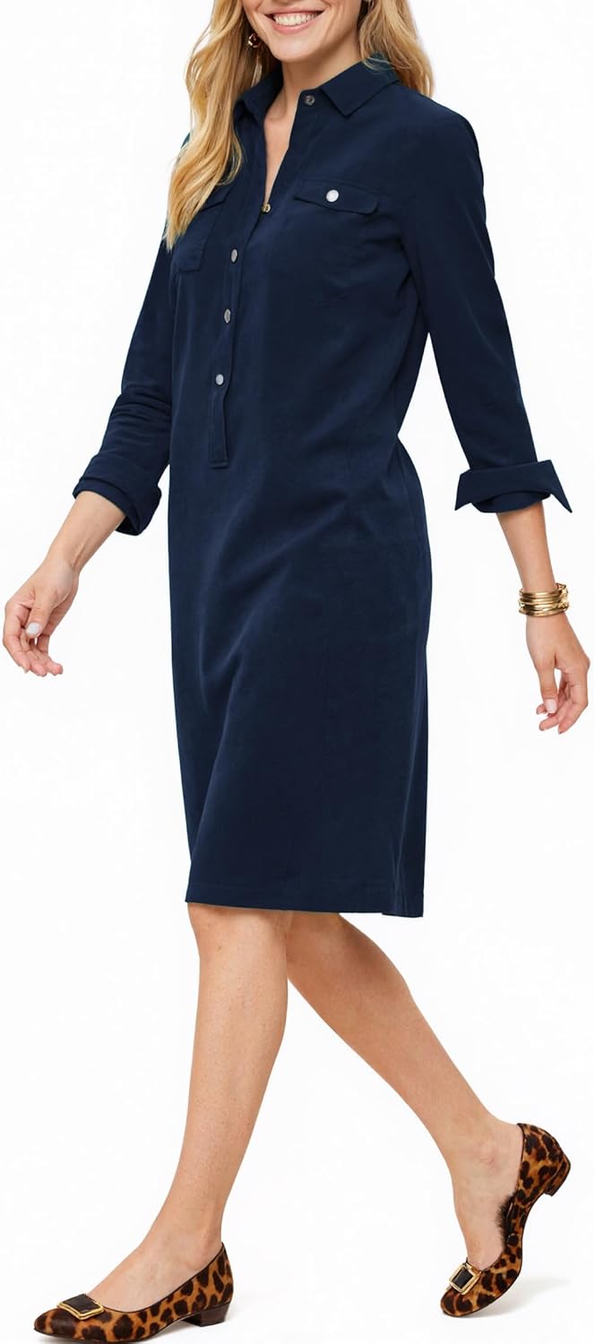 Corduroy Dress for Women Long Sleeve Shift Dress Button Down V Neck Midi Dress - Image 3