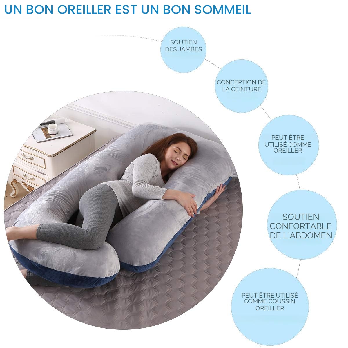 Coussin de Grossesse pour dormir, Coussin d'allaitement,Grand Coussin allaitement en forme de U de maternité avec Housse en Velours remplaçable et Lavable (Bleu Marine&Gris-Velours)