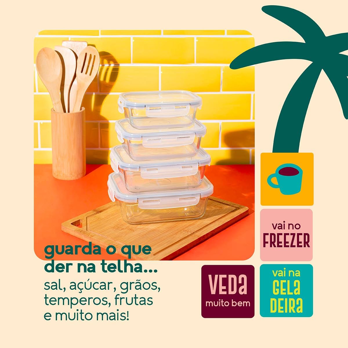 Mozcada - Kit 10 Potes de Vidro Marmita 330ml Hermético com Trava Retangular — frontal view against a yellow subway-tile backsplash above an orange countertop, inside a beige framed layout with a teal palm graphic on the right. Mozcada - Kit 10 Potes de Vidro Marmita 330ml Hermético com Trava Retangular — frontal view against a yellow subway-tile backsplash above an orange countertop, inside a beige framed layout with a teal palm graphic on the right.