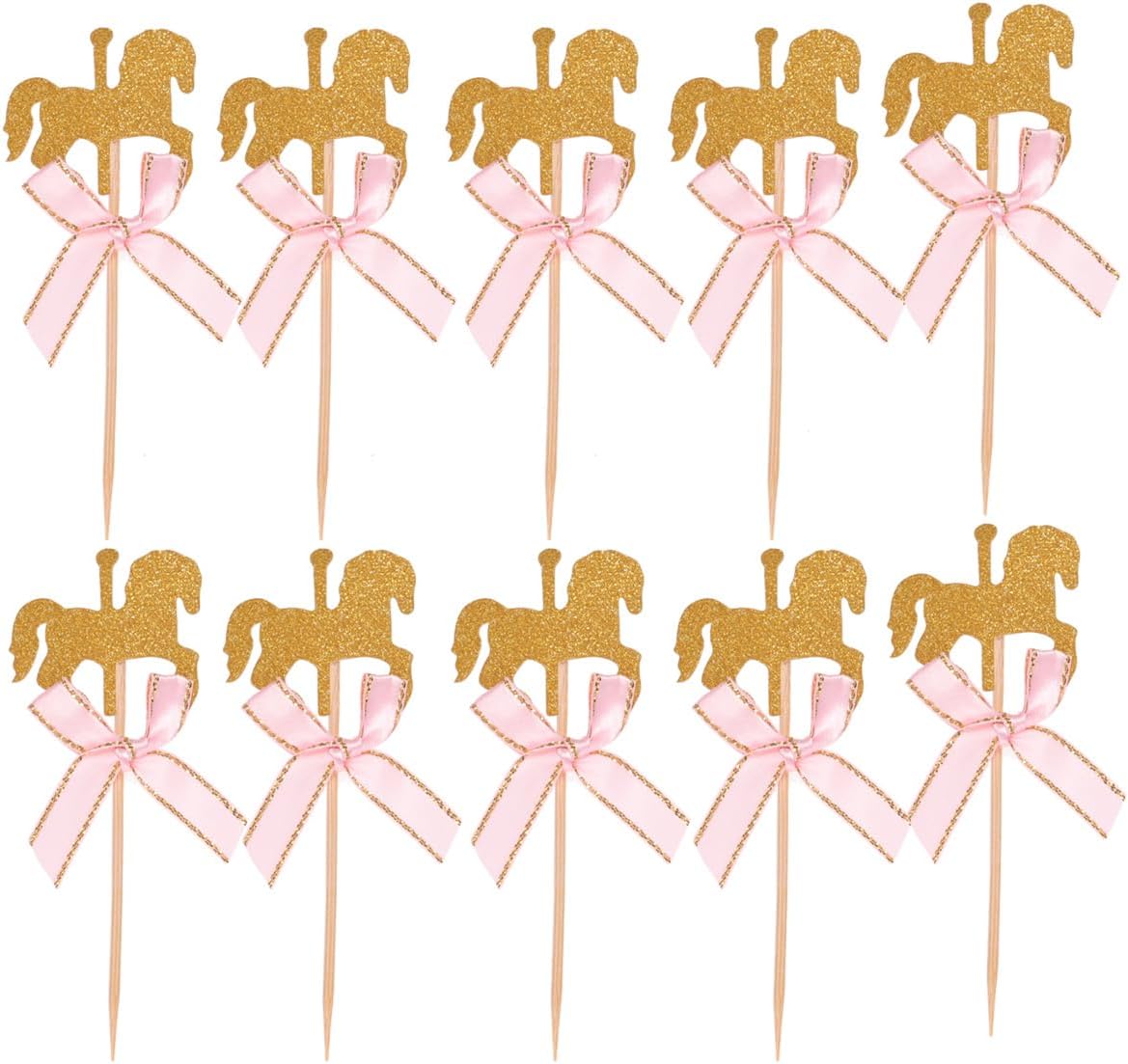 NUOBESTY 20Pcs Carousel Cupcake Toppers with Pink Bow, Glitter Horse Cake Decorations for Kids Birthday Party, Baby Shower, Wedding Supplies
