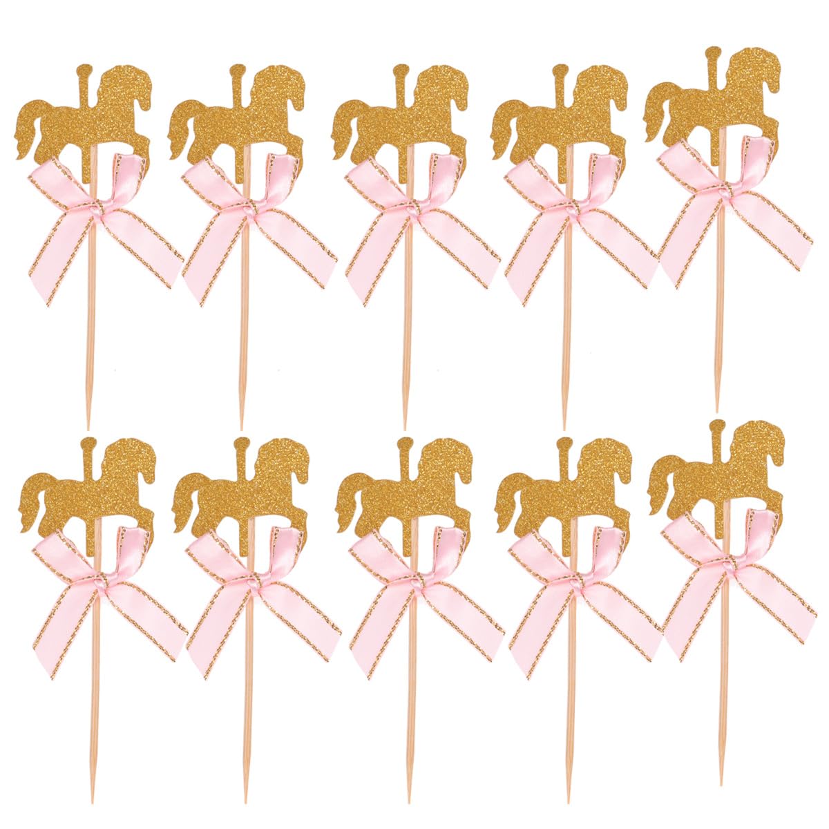 NUOBESTY 20Pcs Carousel Cupcake Toppers with Pink Bow, Glitter Horse Cake Decorations for Kids Birthday Party, Baby Shower, Wedding Supplies