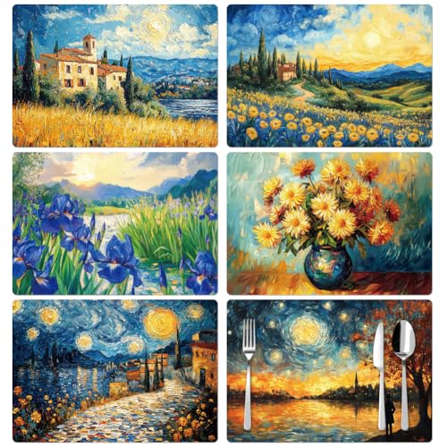 Peacoblue Sets de Sets de Table Lot de 6 Paysage Vintage Peinture à l’Huile, 30x43 cm, Sets de Table Imperméables et Lavables pour Table de Cuisine, à...