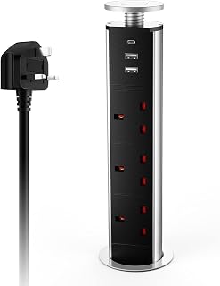 Pull up Power Sockets with USB, Ohuo Desktop Power Socket Extension 3 Way with 1 USB C & 2 USB A for Kitchen Worktops with 1,8m Cable