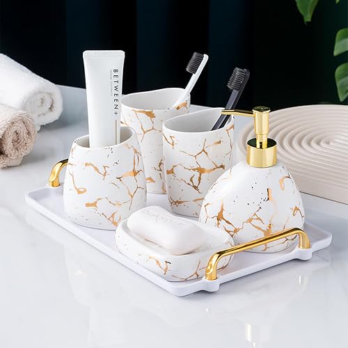 Ceramics White Bathroom Accessories Set,Gold Marble Look Bathroom Decor,Modern 6