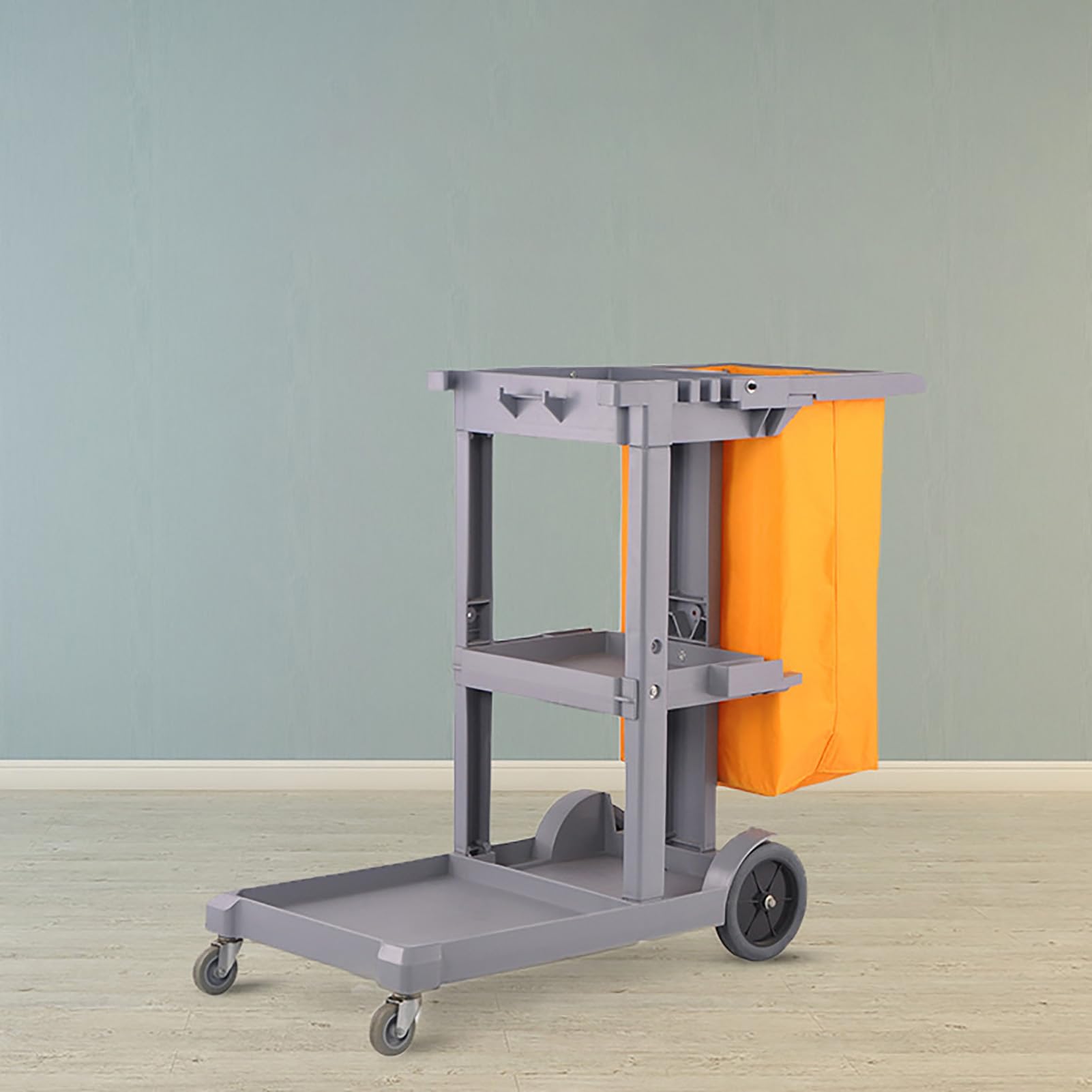 Carrello per Pulizie a 3 Ripiani, Carrello Commerciale con Ruote, Ideale per Hotel, Negozi, scuole e aziende, Colore Grigio.
