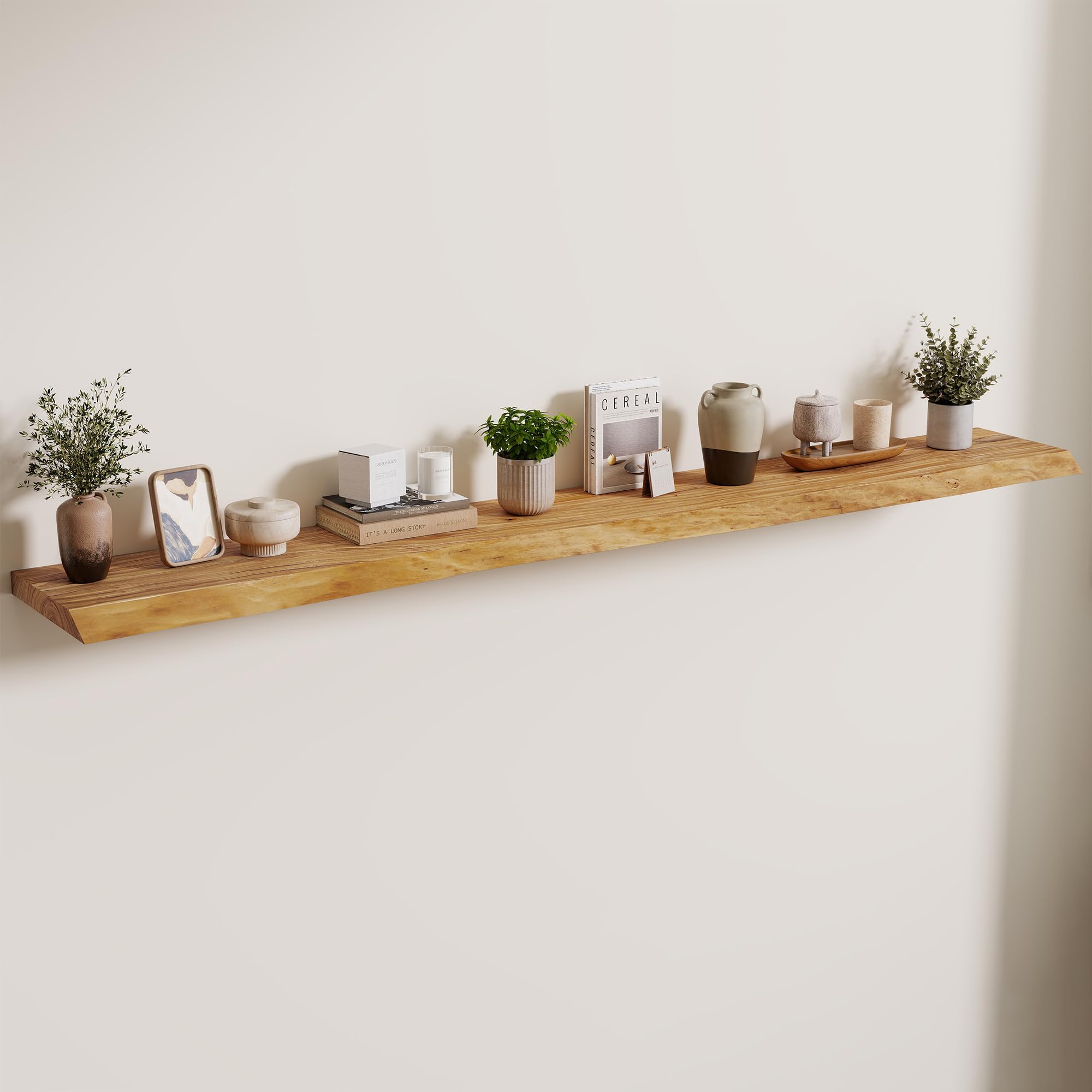 Axeman 72 inch Extra Long Floating Shelves for Wall - 8'' D Live Edge Rustic Solid Elm Wood Floating Shelves Wall Mounted, Wall Shelves with Invisible Bracket for Living Room Bedroom Kitchen, Natural