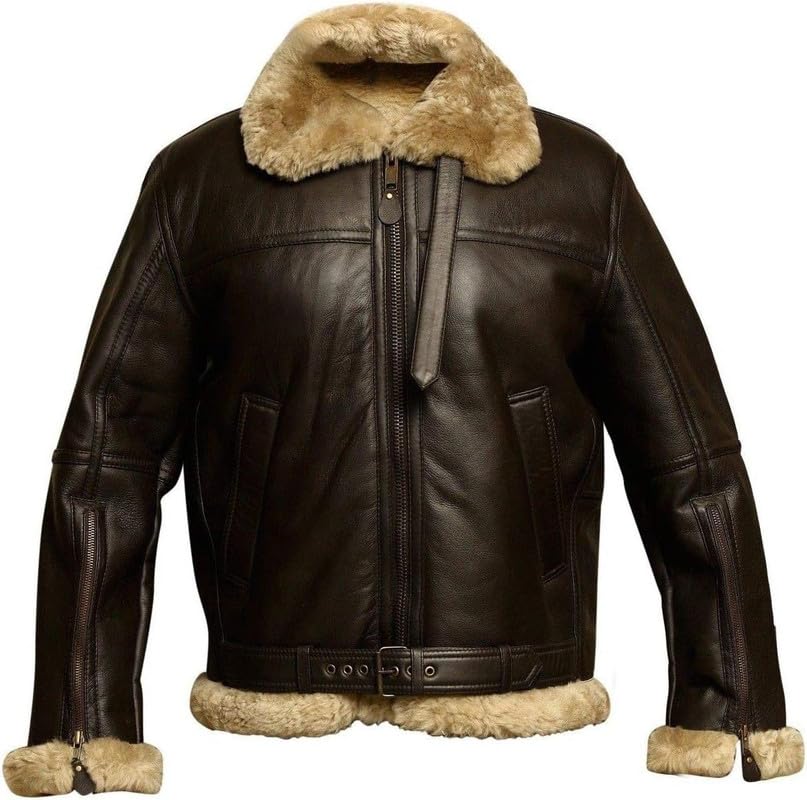 Classic B-3 Sheepskin Leather Bomber Jacket Mens - British Fur Shearling Winter Coat3