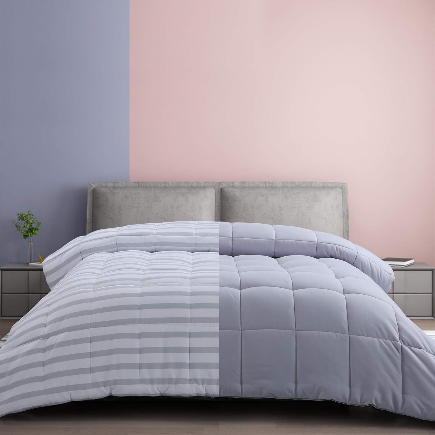 EDILLY Luxury Down Alternative Quilted Queen Comforter-Stand Alone Comforter for Queen Size Bed,Year Round Duvet Insert with 4 Corner Tabs,88''x 88'',Gray White Stripe