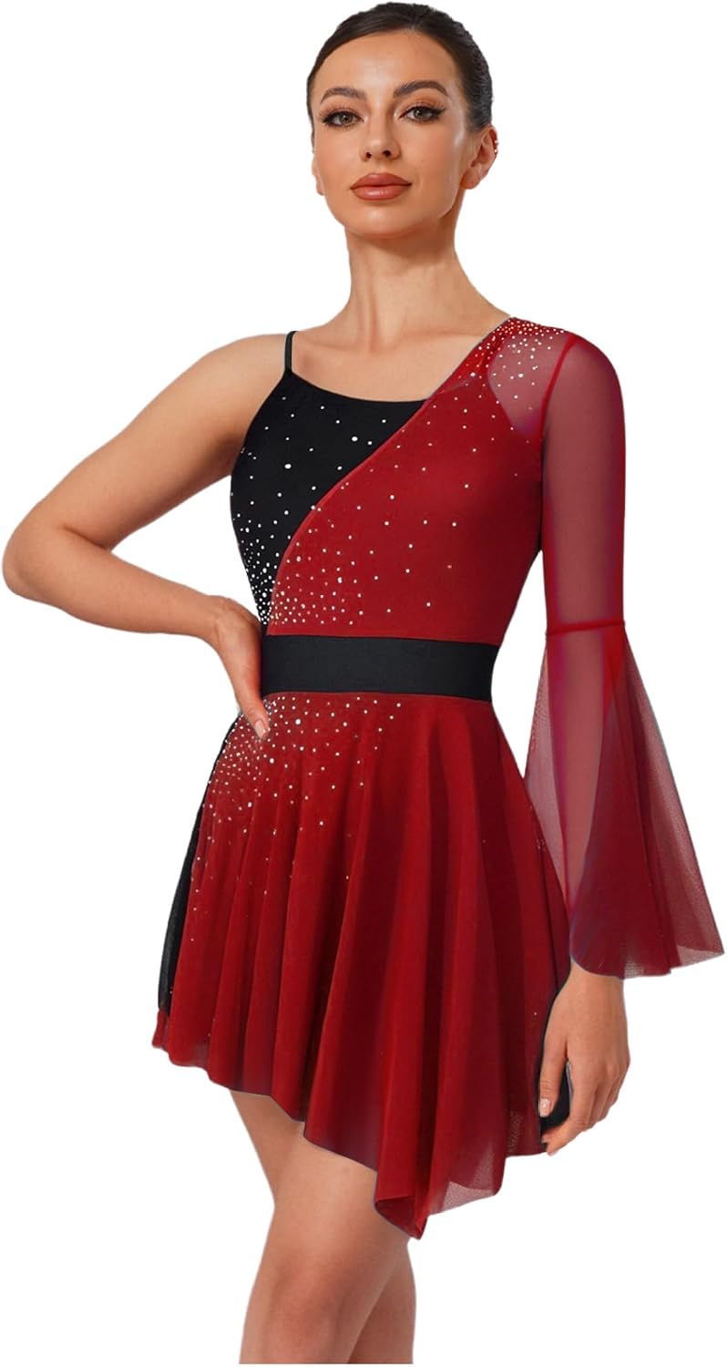 Figure Skating Dress for Women Color Block Asymmetrical Ballet Dress Lyrical Contemporary Costume