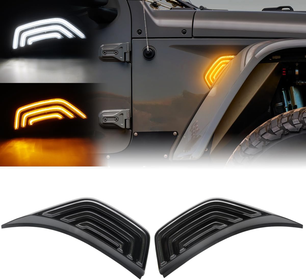 Front Fender Air Vent Led Turn Signal Side Marker Lights Compatible with Wrangler JL JLU 2018-2026 & For Gladiator JT 2020-2026 White DRL & Amber Yellow Dynmaic Sequential Blink(Smoked Lens)