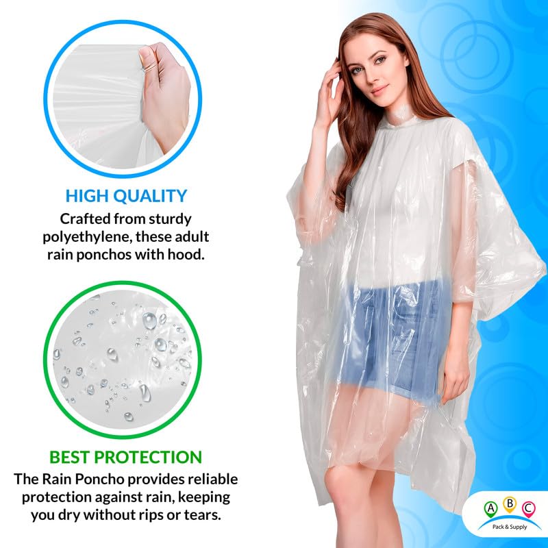 Image of ABC PACK & SUPPLY Disposable Rain Ponchos for Adults, Clear Hooded Rain Poncho, One Size, Polyethylene 0.02mm, Individually Wrapped, Bulk Pack of 200