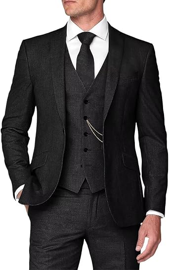 Mens Linen Suit 3 Piece Summer Slim Fit Blazer Set for Beach Weddings Parties Casual Business Jacket Vest Pants Black 3X-Large