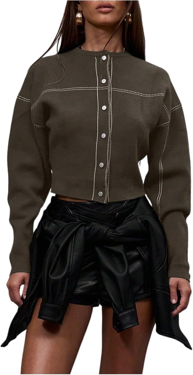 GORGLITTER Women's Trendy Snap Button Up Cardigan Sweaters Long Sleeve Old Money Casual Crop Trench Coats