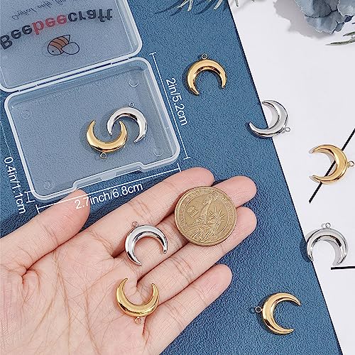 Beebeecraft 12Pcs 2 Colors 18K Gold Plated Moon Charm Silver and Gold Double Horn Dangle Charms with Plastic Box for DIY Necklace Earrings Bracelet Jewellery Making - Image 3