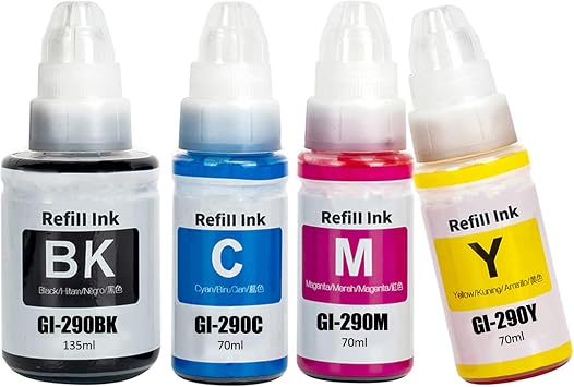 GI-290 GI290 Ink Refill Bottles Compatible for Canon G4210 G3200 G2200 G4200 G1200 Printer 4-Pack, Black/Cyan/Magenta/Yellow