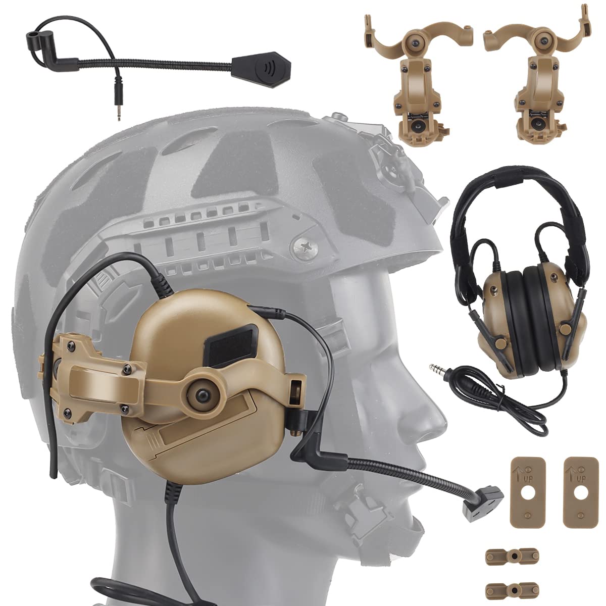 WLXW Auriculares Tácticos para Airsoft (Montados En La Cabeza Y Montados En El Casco), Orejeras Tácticas Aire Libre (Sin Reducción Ruido), con Brazo Adaptador Riel ARC para Casco