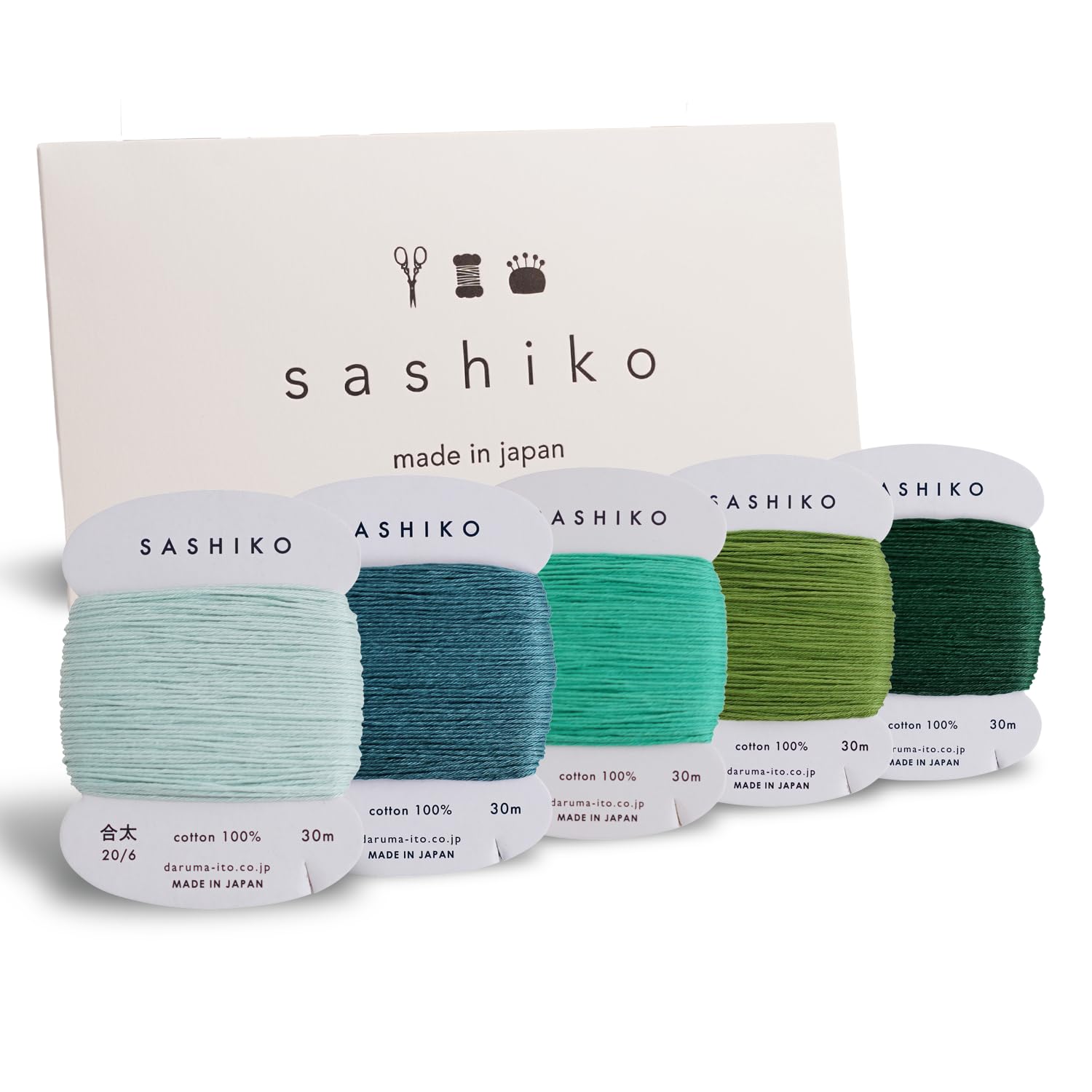 DARUMA - Set di fili per Sashiko in 100% cotone (30 m), confezionato su un cartoncino, 5 colori, con manuale in inglese, set per cucito e ricamo (spesso, Komorebi)