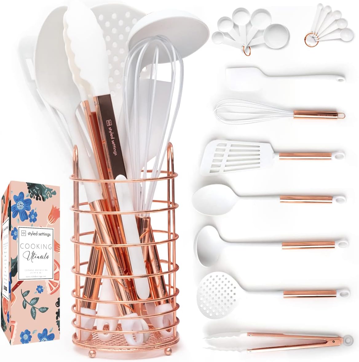 White and Copper Kitchen Utensils 18 PC Copper Cooking Utensils Set
