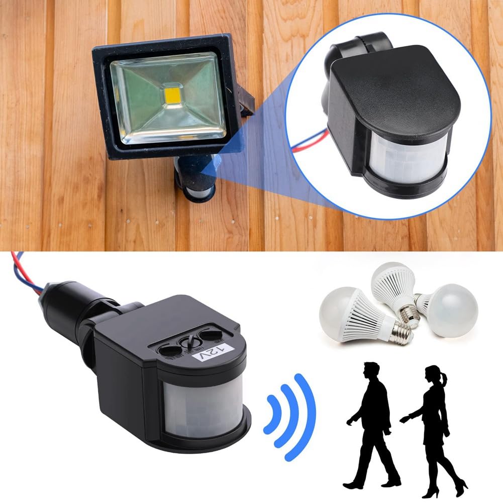 9 Detectores de Movimiento Negros, Interruptor de Luz con Sensor de Movimiento, Sensor de Movimiento Pir de Corriente Continua de 12 V para Exteriores