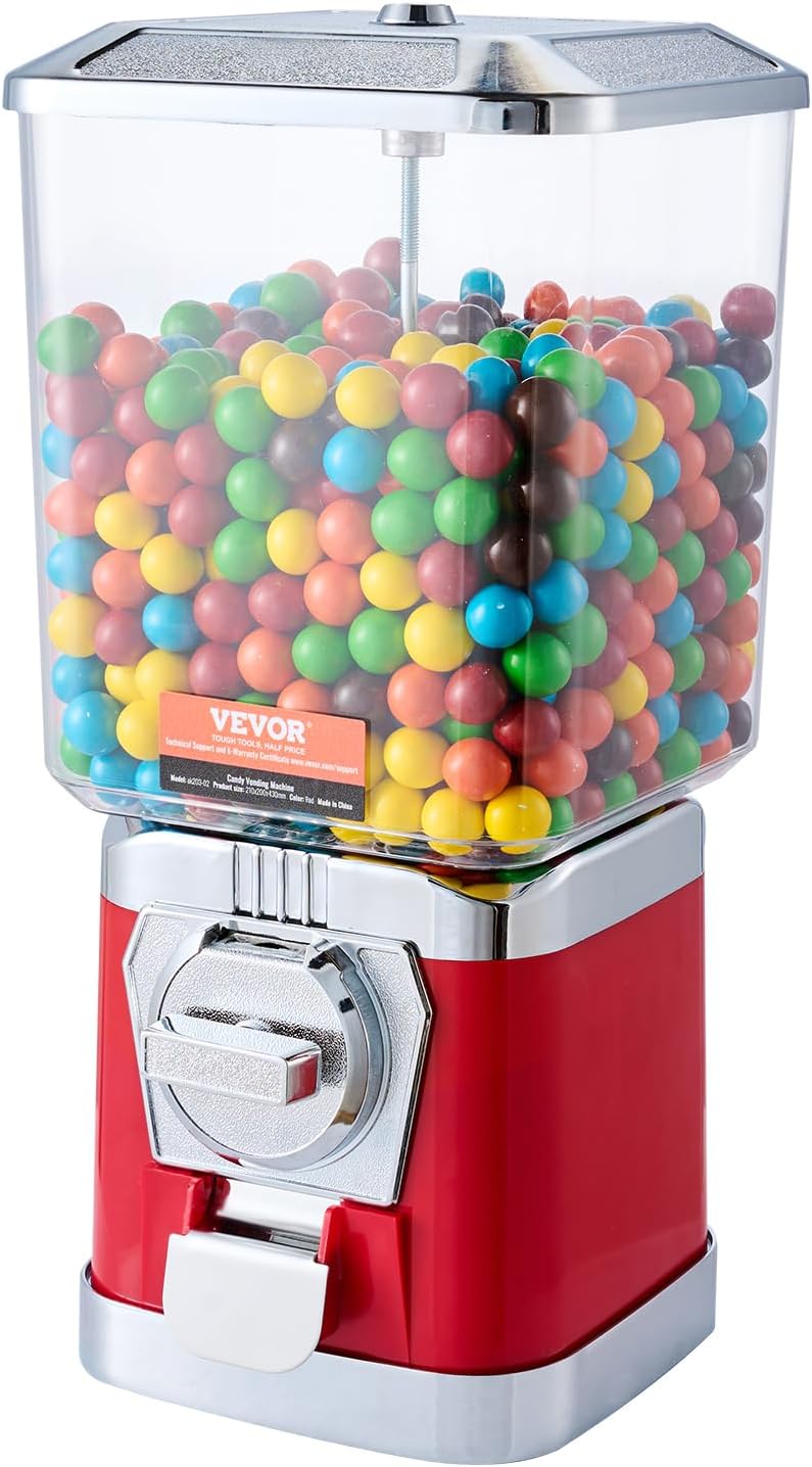 VEVOR Gumball Machine for Kids, 17"H Home Candy Vending Machine, PC Gumball Dispenser, Bubble Gum Machine for Game Stores, Coin Operated Gumball Bank for Toy Capsules Bouncy Balls Candy, Red