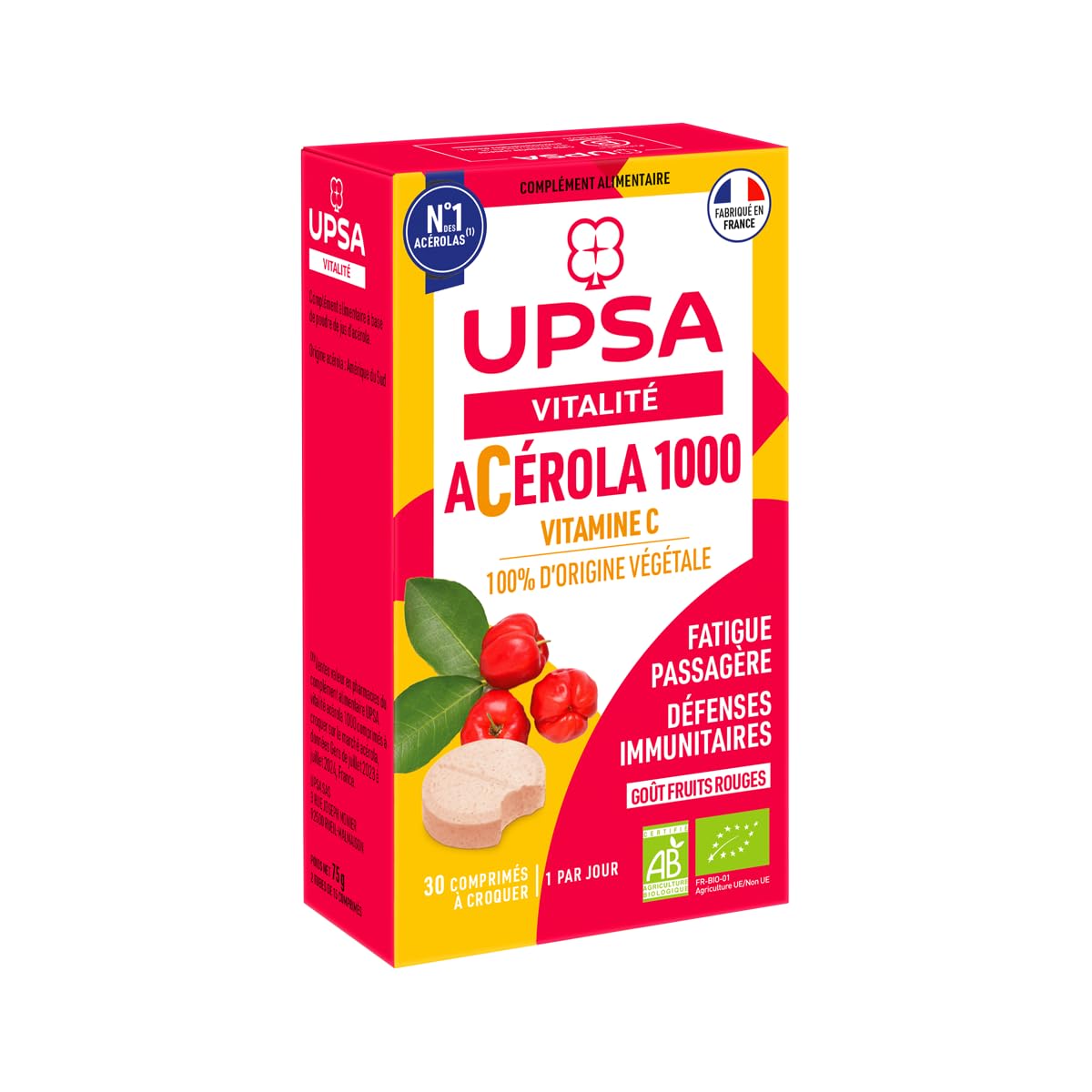 UPSA - Acérola 1000 - Complément Alimentaire à Croquer - Vitamine C Naturelle - Immunité, Fatigue, Défenses Naturelles - 30 comprimés