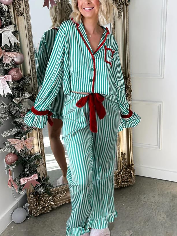 Faretumiya Cute Christmas Pajamas Women Bow Tie Long Sleeve Shirt Pants Pj Set Xmas Graphic Print 2 Piece Satin Sleepwear - Image 4
