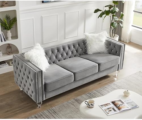 Miniatura 83 de i-POOK Sofá Chesterfield de terciopelo de 83 pulgadas de ancho con 3 asientos, 2 almohadas de felpa, patas de cristal y brazos recortados con cabeza