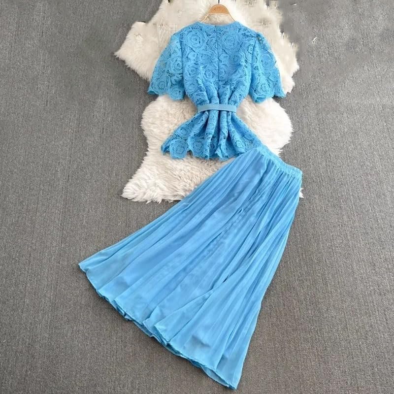 Women Vintage Skirt Suit 2 Piece Sets Womens Slim Waist Lace Blouse High Waist Pleated Skirts Suit2