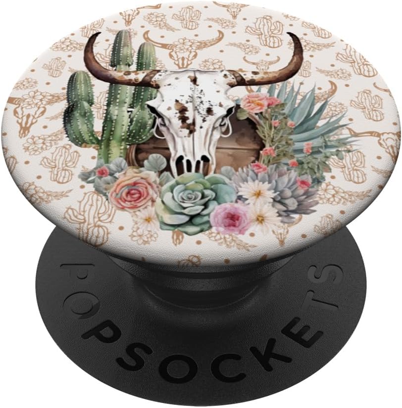 Western Boho Chic Longhorn Bull Skull Cactus Beige Pattern PopSockets PopWallet for MagSafe
