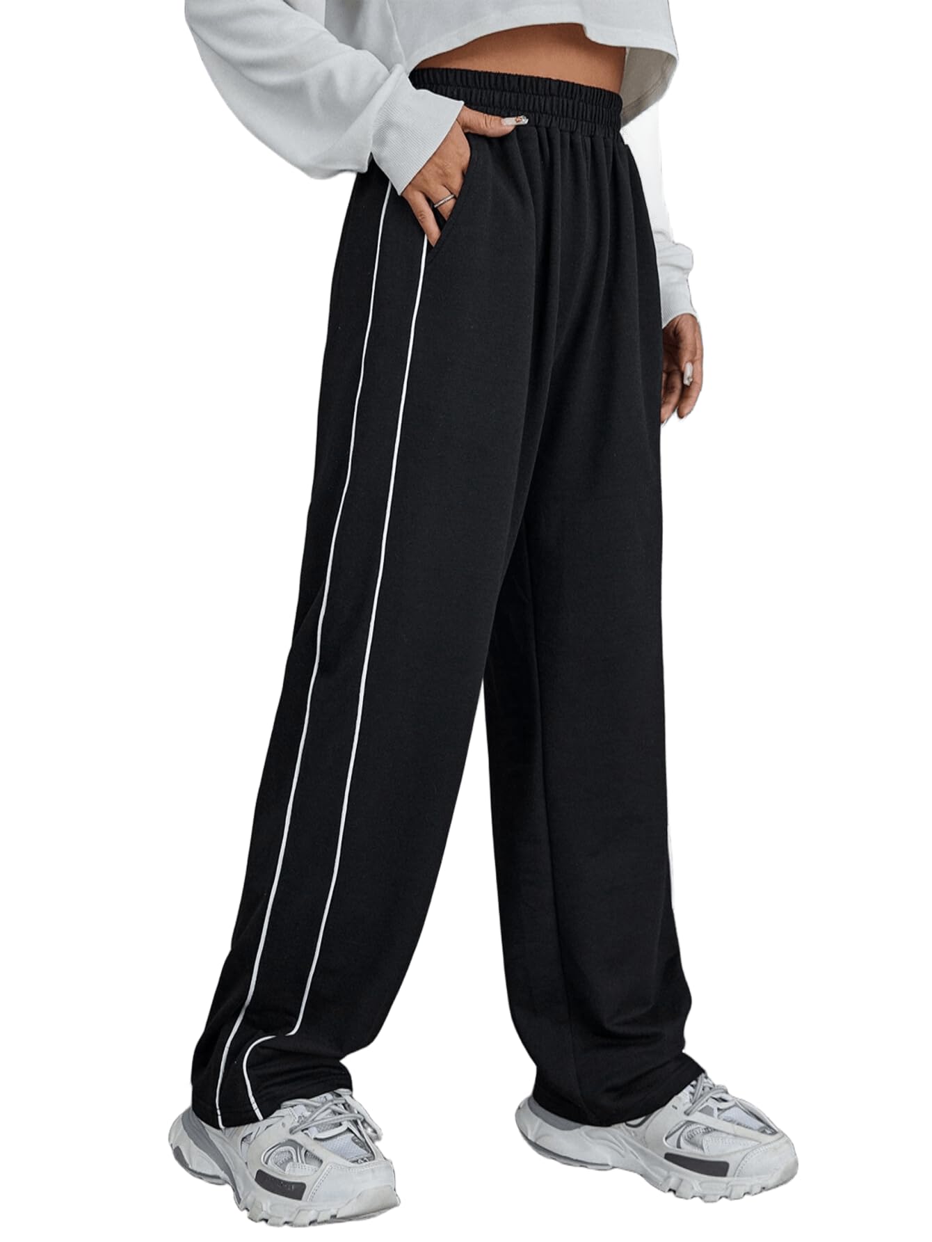 sxv style Athletic Track Pants, Black with White Piping, Elastic Waist, Straight Fit-picture-28