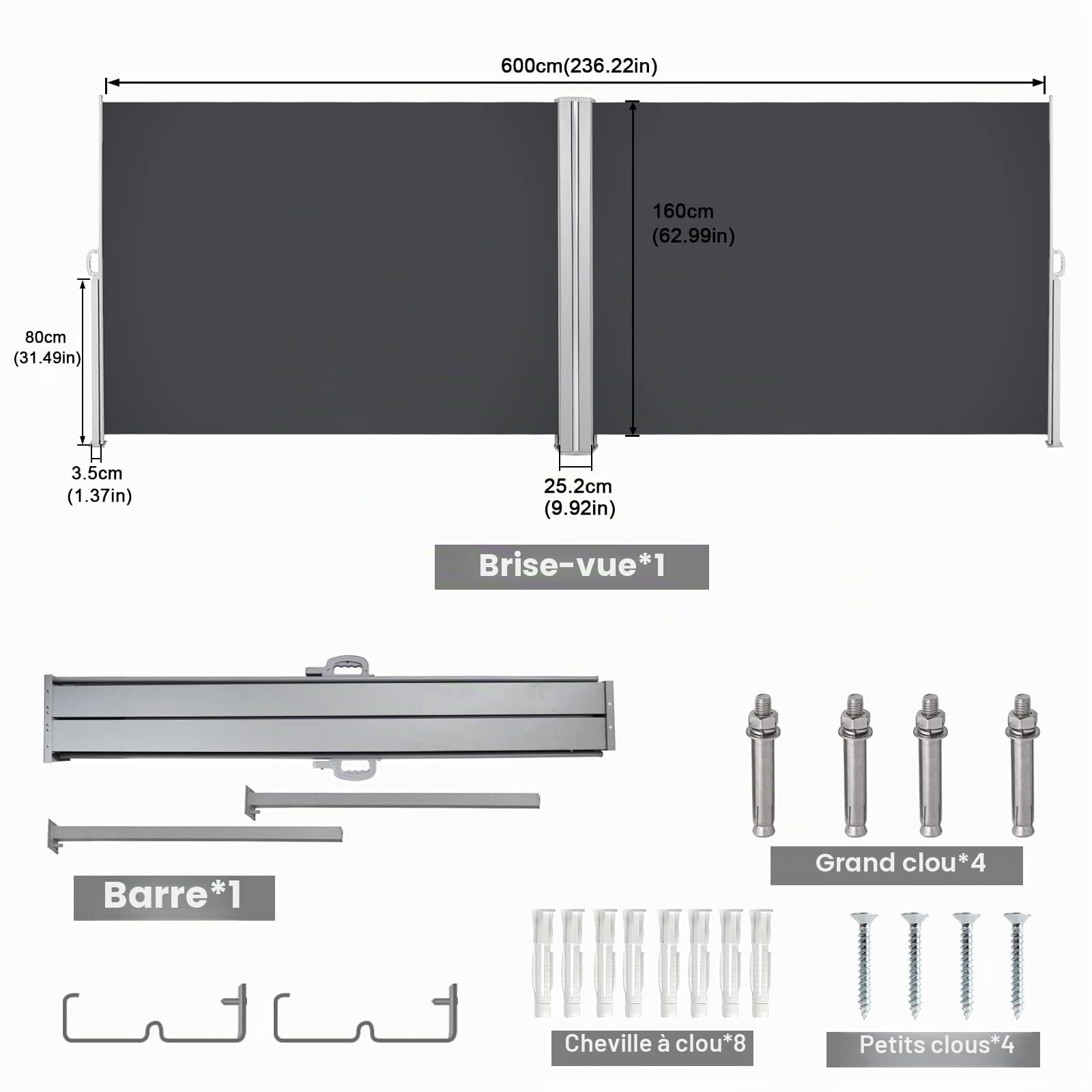 Herrselsam Store latéral Double, 160x600cm Extractible Brise-Vue Pare-Soleil, Protection Solaire, Brise-Vent, Vertical pour Jardin, Balcon, Terrasse, Gris